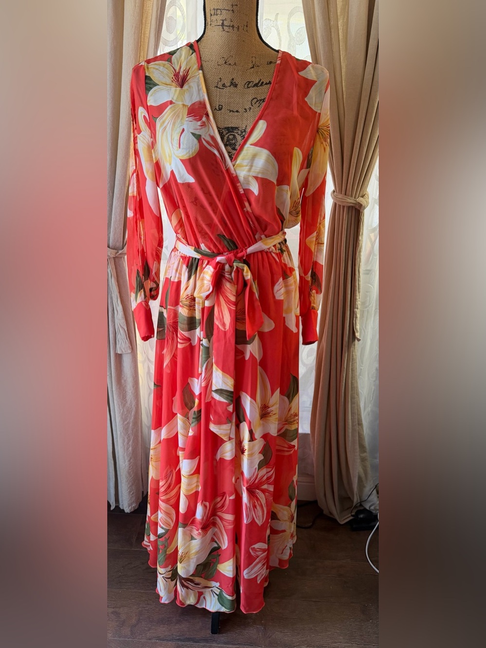 Kate & Lily Coral Floral Chiffon Wrap Maxi Dress Long Sleeve Belted Size 8 - Picture 2 of 11